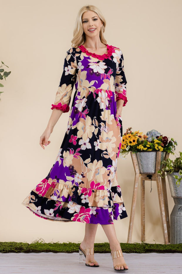 Celeste Full Size Floral Ruffled Midi Dress - Fashionmj