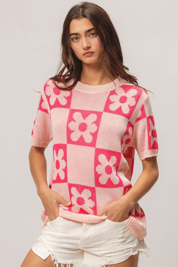 BiBi Flower Checker Pattern Short Sleeve Sweater - Fashionmj