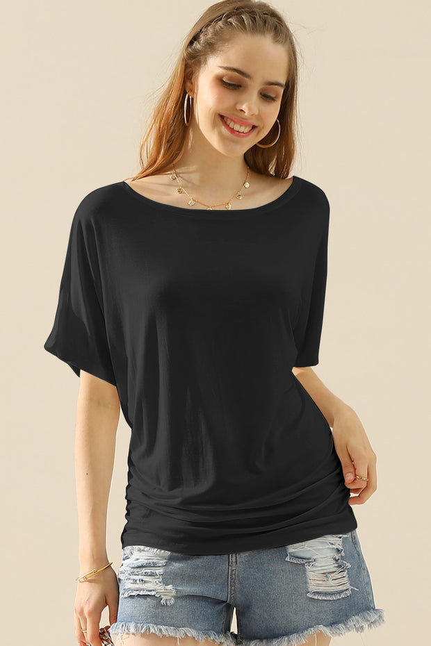 Ninexis Boat Neck Short Sleeve Ruched Side Top - Fashionmj