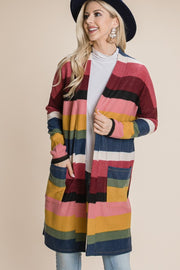 BOMBOM Color Block Striped Open Front Cardigan - Fashionmj