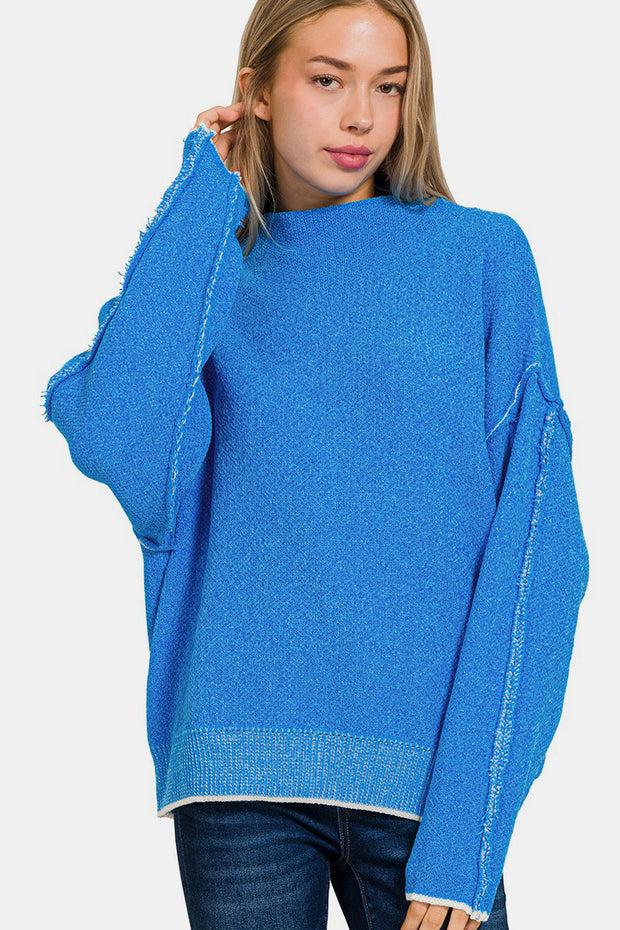 Zenana Exposed Seam Mock Neck Long Sleeve Sweater - Fashionmj