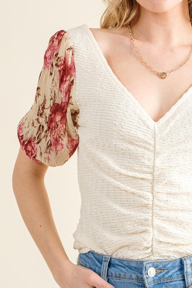 And The Why Full Size Floral Print Textured Sleeve Knit Top - Fashionmj