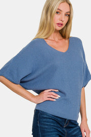 Zenana V-Neck Short Sleeve Dolman Sweater - Fashionmj