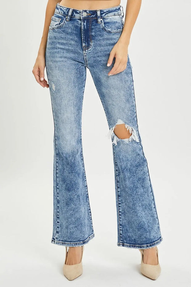 RISEN Full Size High Rise Distressed Flare Jeans - Fashionmj