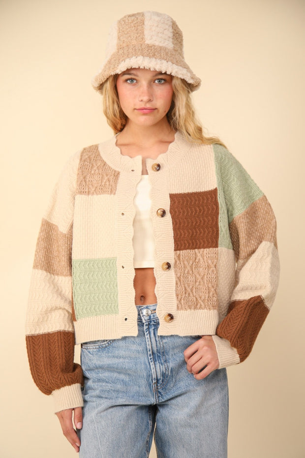 VERY J Color Block Button Down Textured Sweater Cardigan - Fashionmj