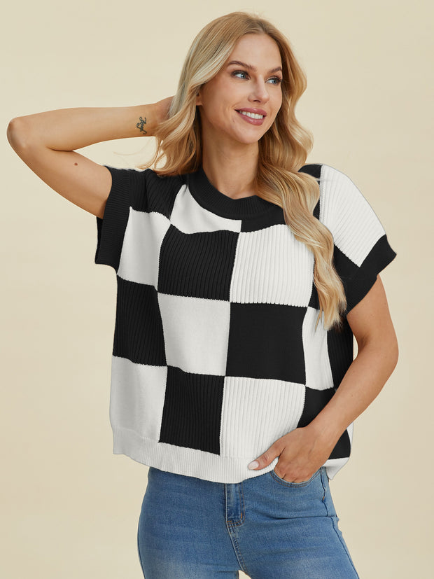 Double Take Full Size Checkered Round Neck Short Sleeve Sweater - Fashionmj