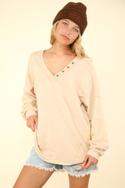 VERY J Washed V-Neck Exposed Seam Knit Top - Fashionmj