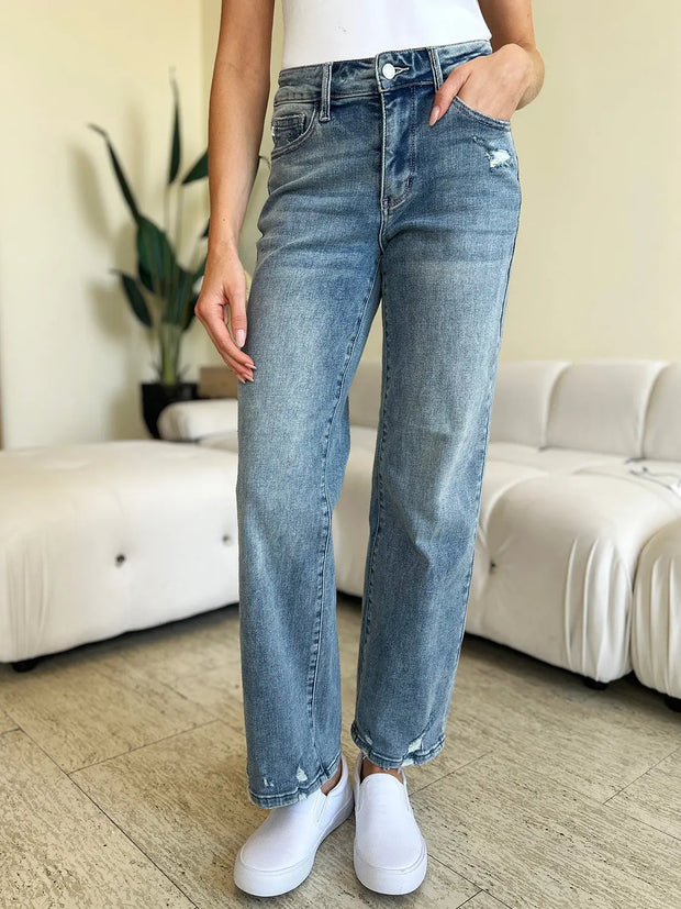 Judy Blue Full Size High Waist Distressed Straight Jeans - Fashionmj