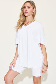 Basic Bae Full Size V-Neck Drop Shoulder T-Shirt and Shorts Set - Fashionmj