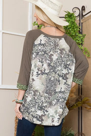 Celeste Full Size Floral Contrast Raglan Sleeve Top - Fashionmj