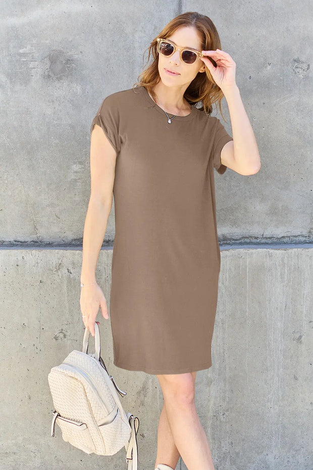 Basic Bae Full Size Round Neck Short Sleeve Dress with Pockets - Fashionmj