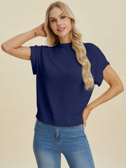 Double Take Full Size Mock Neck Short Sleeve Sweater - Fashionmj