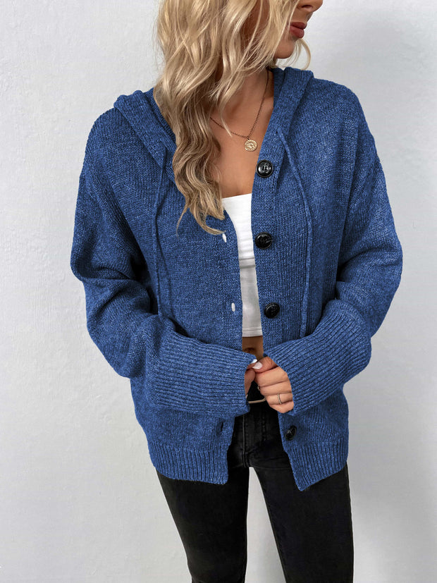 Button-Down Long Sleeve Hooded Sweater - Fashionmj