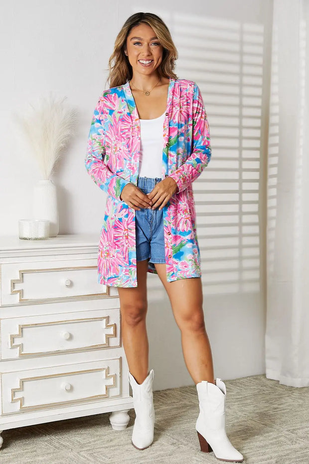 Double Take Floral Open Front Long Sleeve Cardigan - Fashionmj