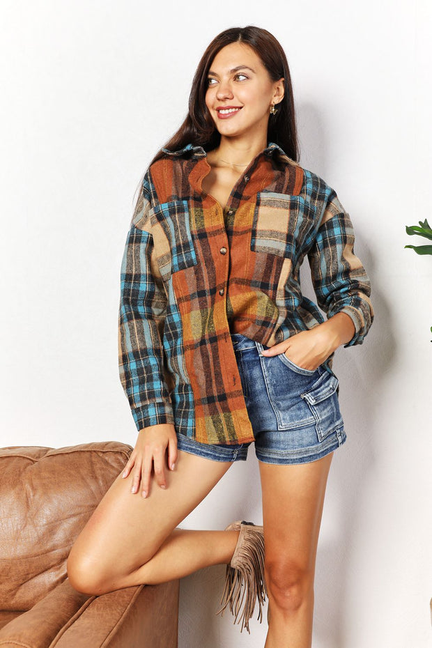 Double Take Plaid Curved Hem Shirt Jacket with Breast Pockets - Fashionmj