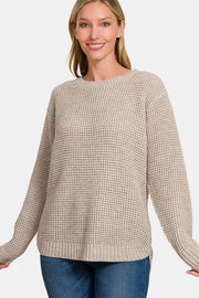 Zenana High Low Long Sleeve Waffle Sweater - Fashionmj