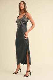 Mable Embroidered Cami Satin Midi Slit Dress - Fashionmj