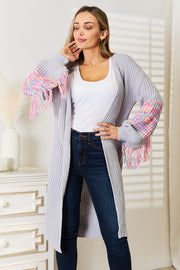 Woven Right Fringe Sleeve Dropped Shoulder Cardigan - Fashionmj