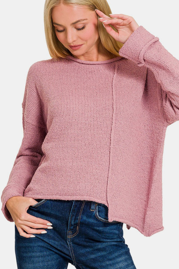 Zenana Asymmetric Hem Drop Shoulder Sweater - Fashionmj