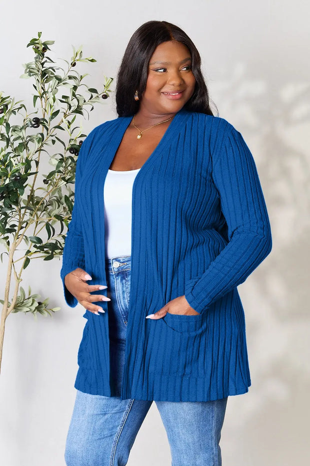 Basic Bae Full Size Ribbed Open Front Cardigan with Pockets - Fashionmj