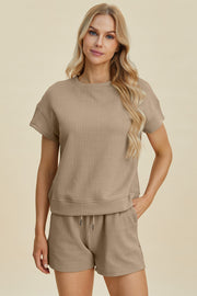 Double Take Full Size Texture Short Sleeve Top and Shorts Set - Fashionmj