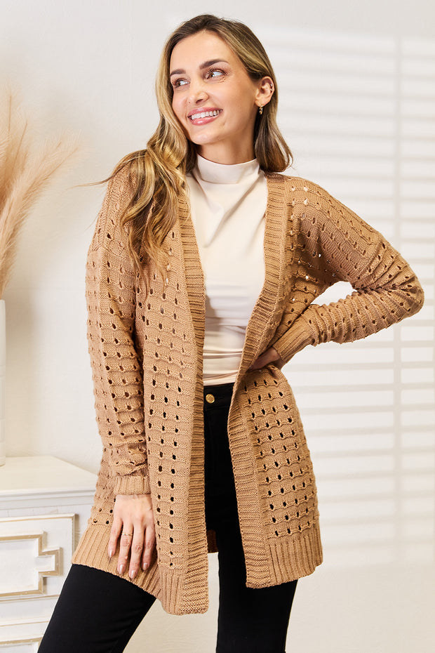 Woven Right Openwork Horizontal Ribbing Open Front Cardigan - Fashionmj