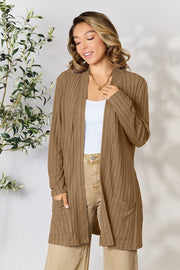 Basic Bae Full Size Ribbed Open Front Cardigan with Pockets - Fashionmj