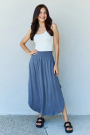 Doublju Comfort Princess Full Size High Waist Scoop Hem Maxi Skirt in Dusty Blue - Fashionmj