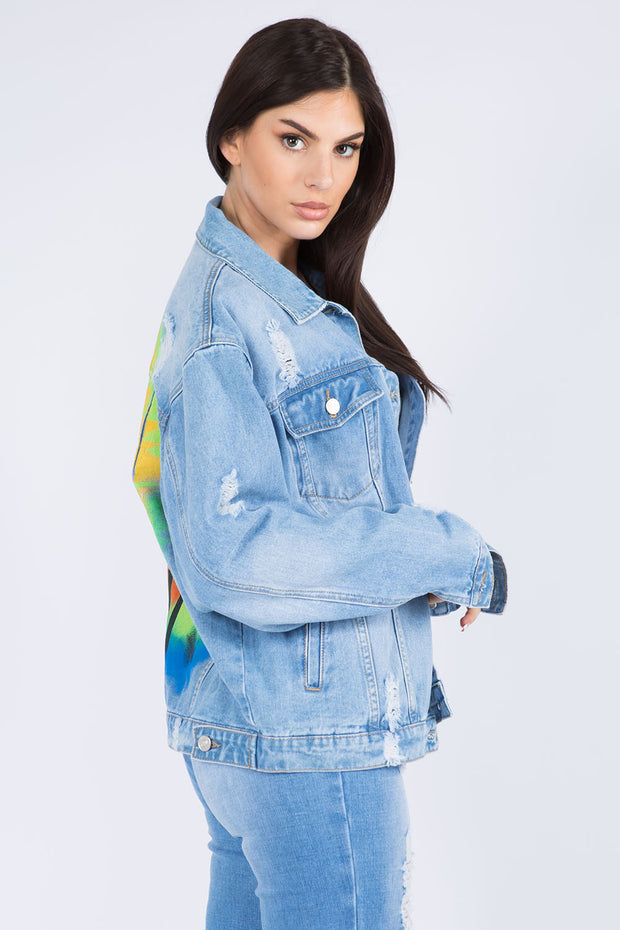 American Bazi Full Size Painted Back Distressed Denim Jacket - Fashionmj