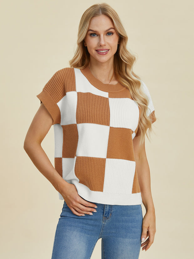 Double Take Full Size Checkered Round Neck Short Sleeve Sweater - Fashionmj