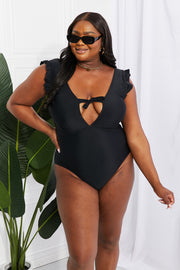 Marina West Swim Seashell Ruffle Sleeve One-Piece in Black - Fashionmj