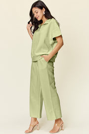 Double Take Full Size Texture Half Zip Short Sleeve Top and Pants Set - Fashionmj