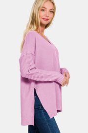 Zenana V-Neck Side Slit High-Low Sweater - Fashionmj