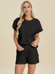 Double Take Full Size Texture T-Shirt and Shorts Set - Fashionmj