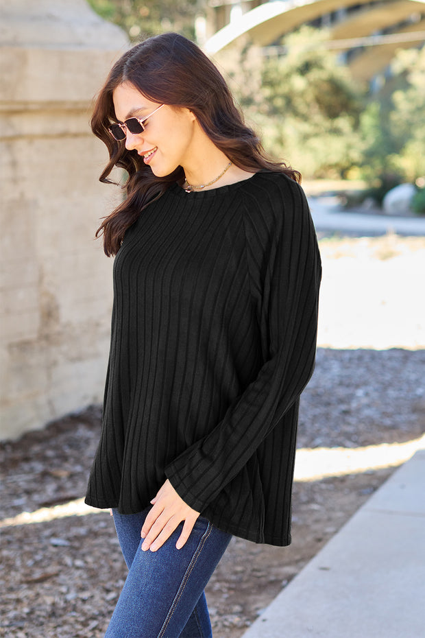 Basic Bae Full Size Ribbed Round Neck Long Sleeve Knit Top - Fashionmj