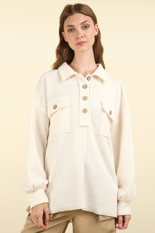 VERY J Collared Half Button Knit Top with Pockets - Fashionmj