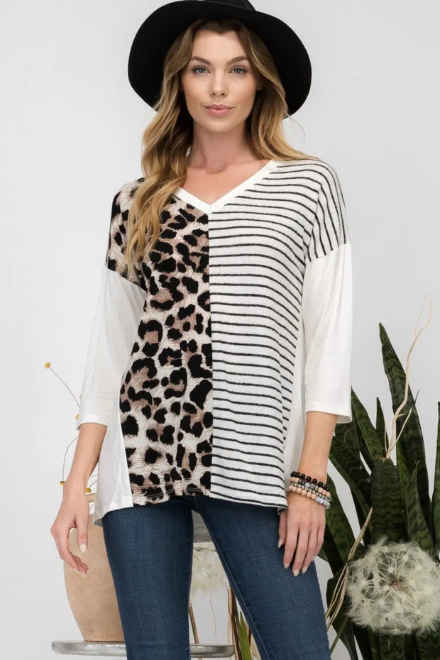 Celeste Full Size Front Leopard and Striped Print V-Neck T-Shirt - Fashionmj