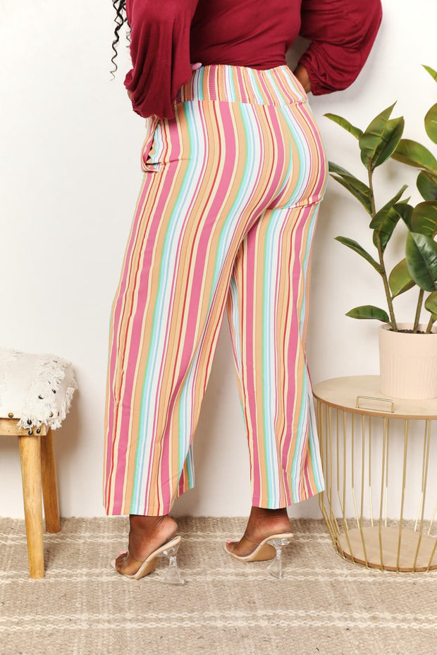 Double Take Striped Smocked Waist Pants with Pockets - Fashionmj