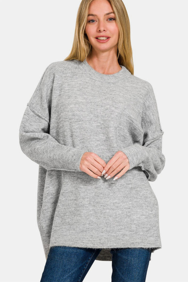 Zenana High-Low Hem Drop Shoulder Sweater - Fashionmj