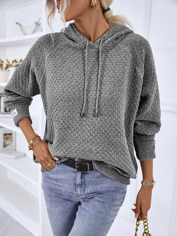 Texture Drawstring Long Sleeve Hooded Sweater - Fashionmj