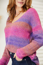 Angel Wings Multicolored Rib-Knit V-Neck Knit Pullover - Fashionmj