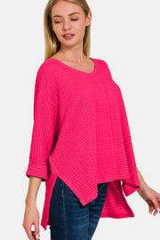 Zenana V-Neck High-Low Jacquard Knit Top - Fashionmj