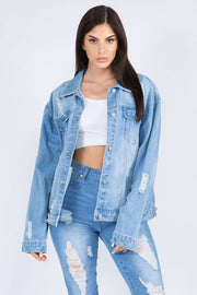 American Bazi Full Size Painted Back Distressed Denim Jacket - Fashionmj