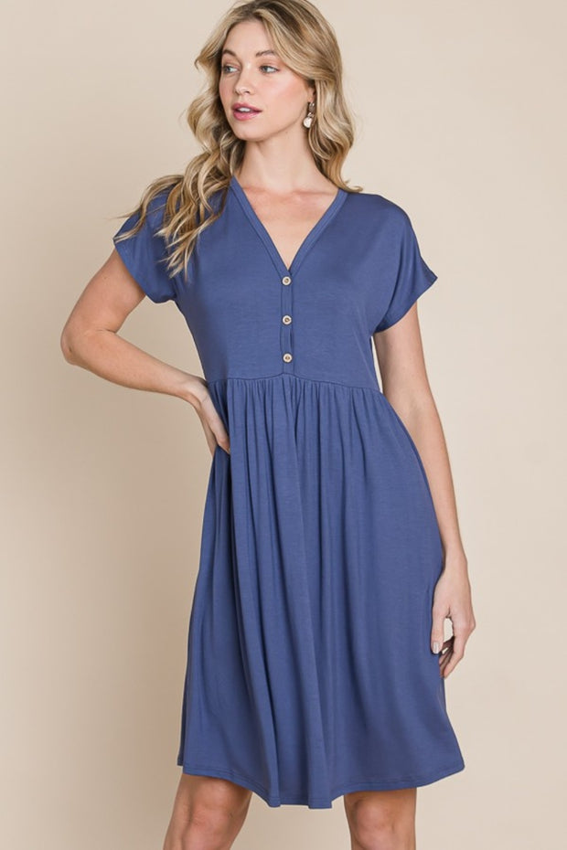 BOMBOM V-Neck Short Sleeve Dress - Fashionmj