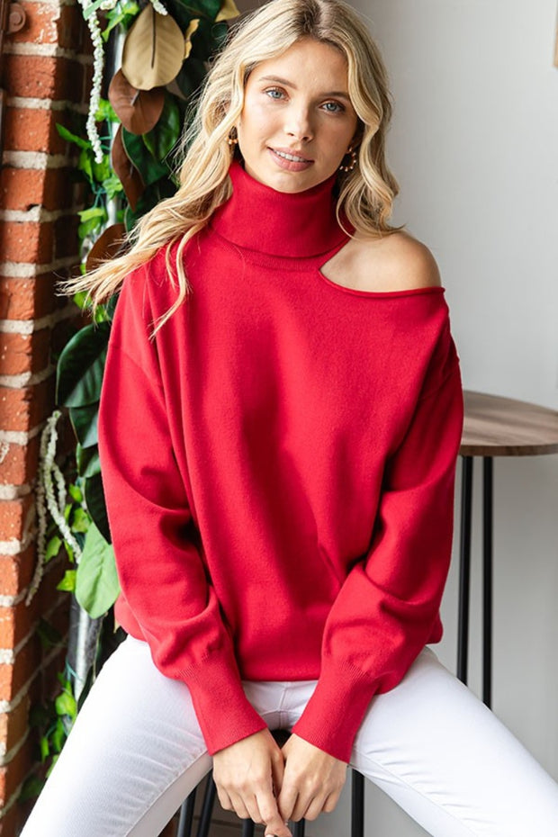 First Love Cut Out Shoulder Turtleneck Sweater - Fashionmj