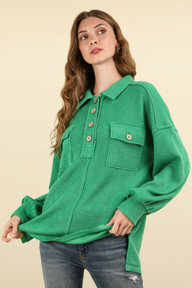 VERY J Collared Half Button Knit Top with Pockets - Fashionmj