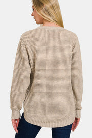 Zenana High Low Long Sleeve Waffle Sweater - Fashionmj