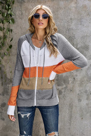 Zip-Up Raglan Sleeve Openwork Hooded Cardigan - Fashionmj