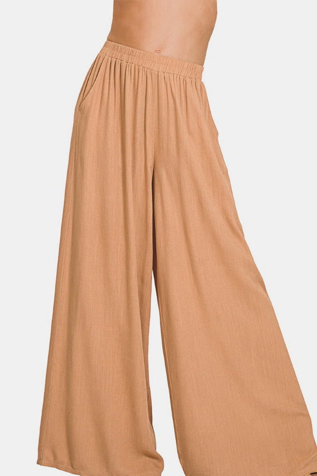 Zenana Pleated Linen Blend Wide Leg Pants - Fashionmj