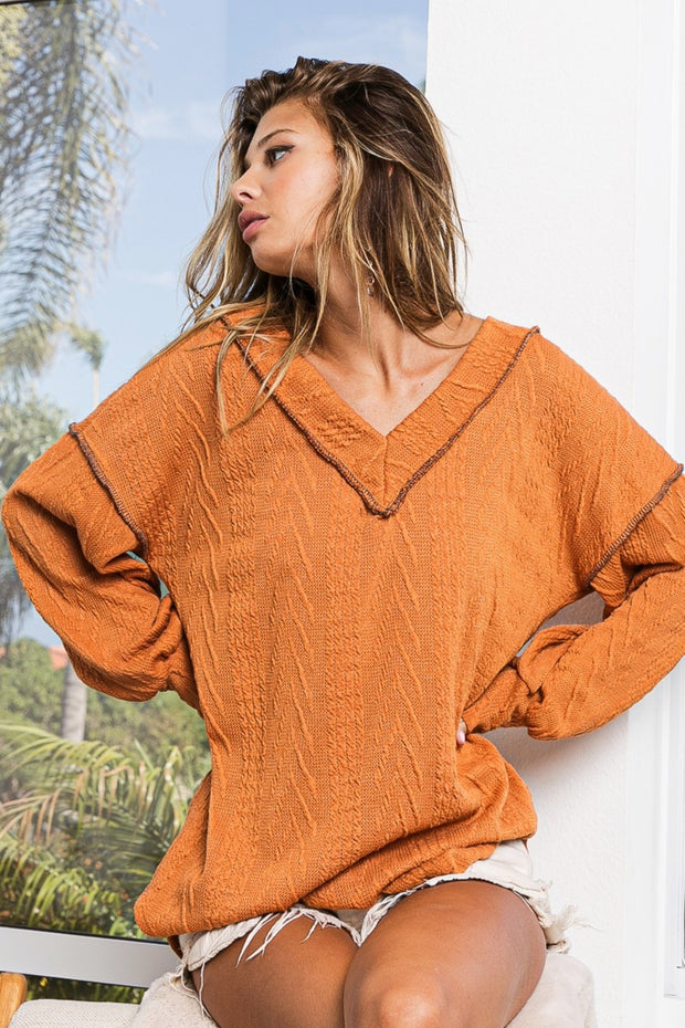 BiBi Textured Exposed Seam Drop Shoulder Knit Top - Fashionmj